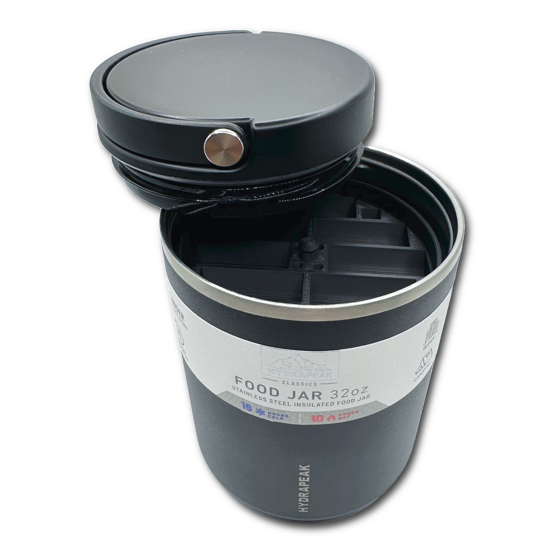 Hydrapeak 32oz food jar with top vial storage insert inside – secure and organized container solution