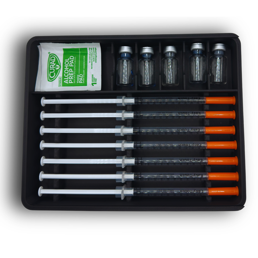 Top view of prefilled syringe storage case holding 7 prefilled 1ml syringes up to 120mm in length, 5 standard 3ml vials, and alcohol prep pads. Compact organizer with slim design made for refrigerator storage and safe supply organization, ideal for TRT, GLP-1, insulin, peptides, and wellness routines.