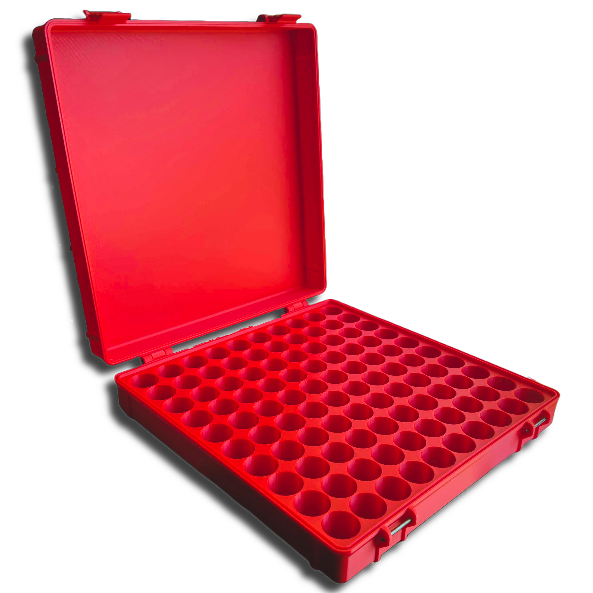 Open red storage case with 100 compartments for 10ml vials – hinged lid and secure locking clasps