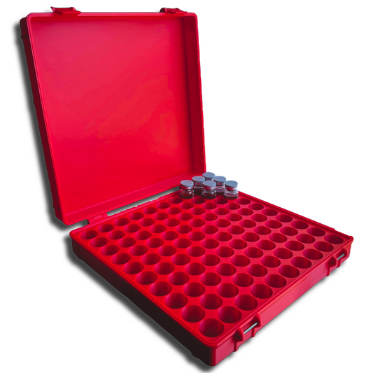 Red 100-vial storage case for 10ml vials – secure, organized storage with hinged lid and locking clasps
