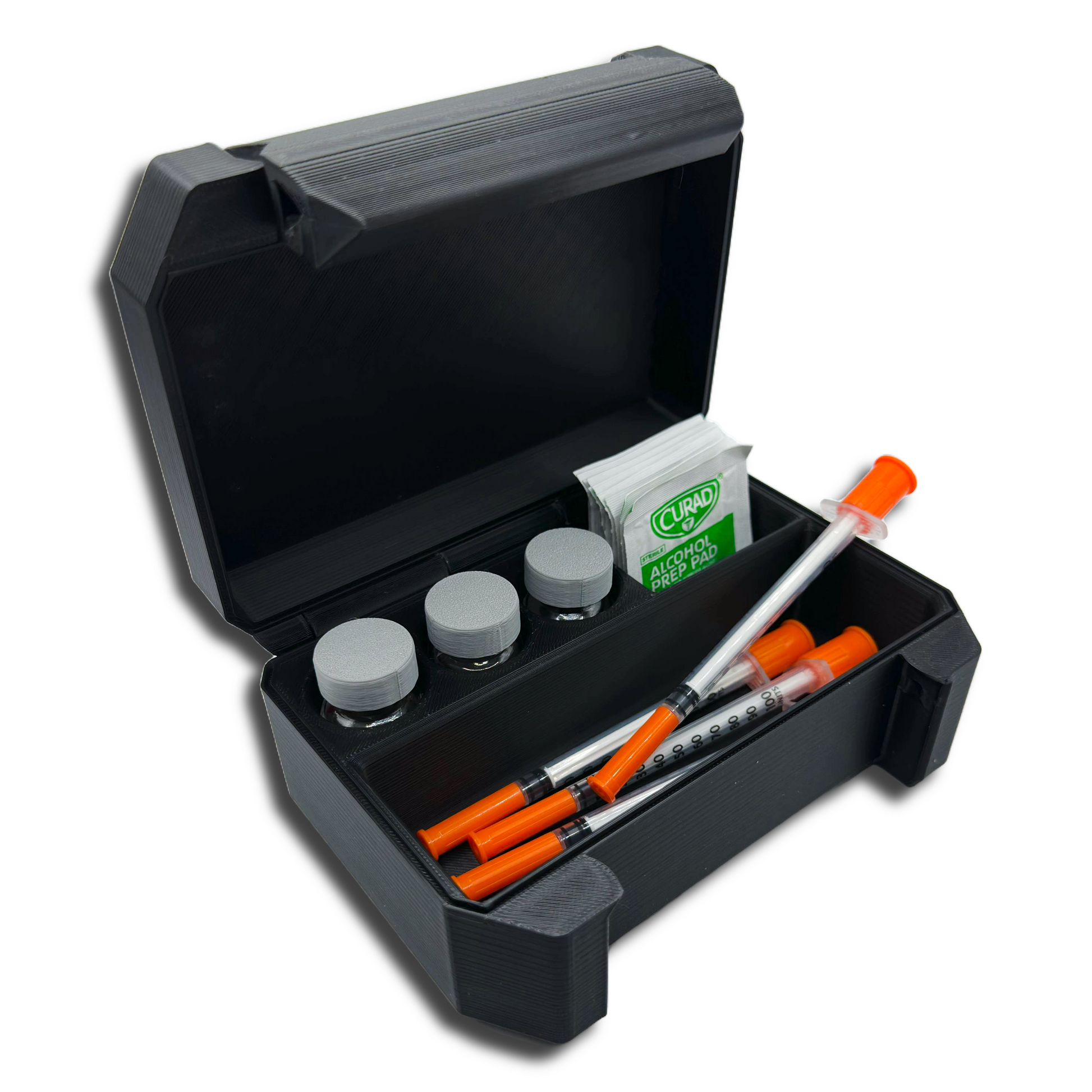 SnapLock 3-slot 10ml vial storage case open view with syringes, alcohol pads, and vials organized for hormone therapy or wellness supplies