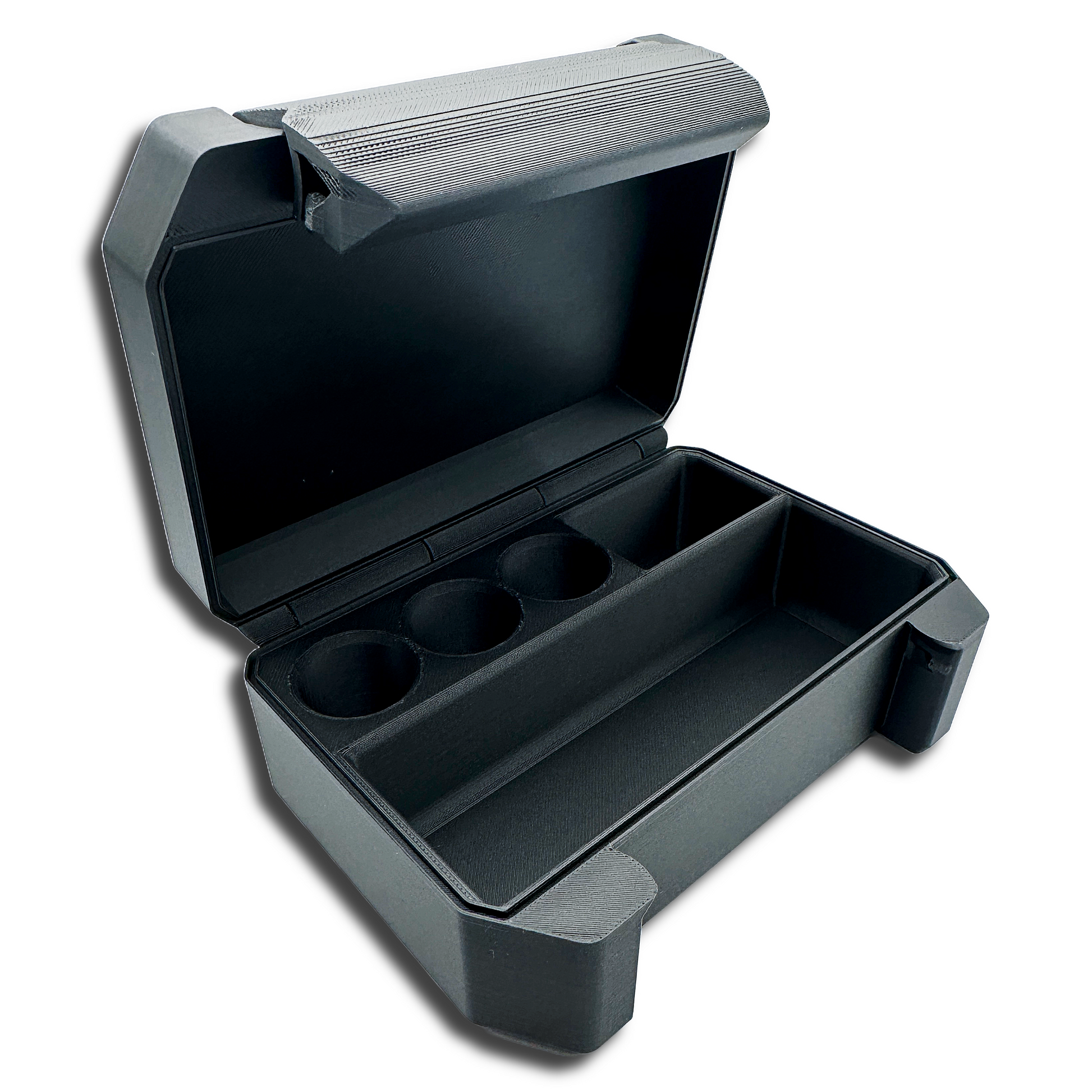 SnapLock V2 10ml vial storage case open view showing three vial slots and accessory compartments for syringes, alcohol pads, and other TRT or HRT supplies.