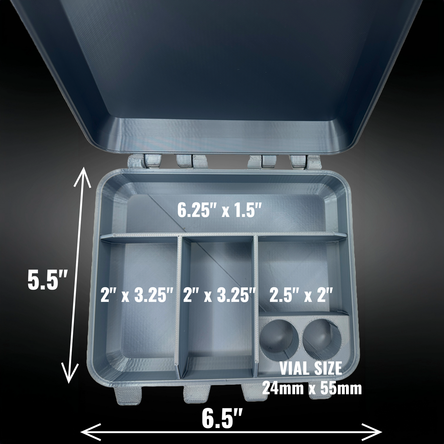 Open organizer case with labeled dimensions for each internal compartment. Holds 24mm x 55mm vials and includes slots for syringes, needles, and alcohol pads.