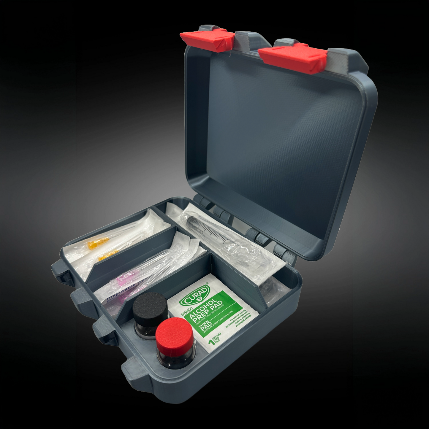 Secure HRT and TRT vial storage case with divided compartments containing syringes, prep pads, and vials, shown with dual red latch closure.
