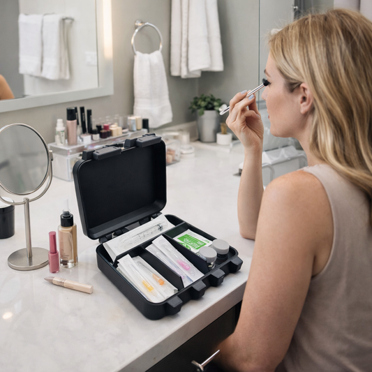 Woman at bathroom vanity with an open Layered Vault Studio HRT supply storage case organized with syringes, needles, and hormone supplies