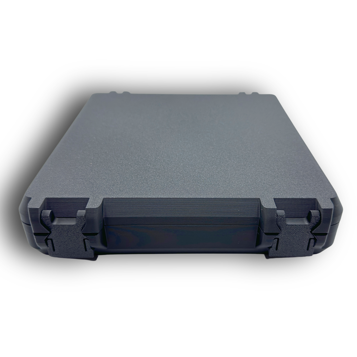 Front view of closed 100-slot 3ml vial storage case highlighting the latch system and compact profile