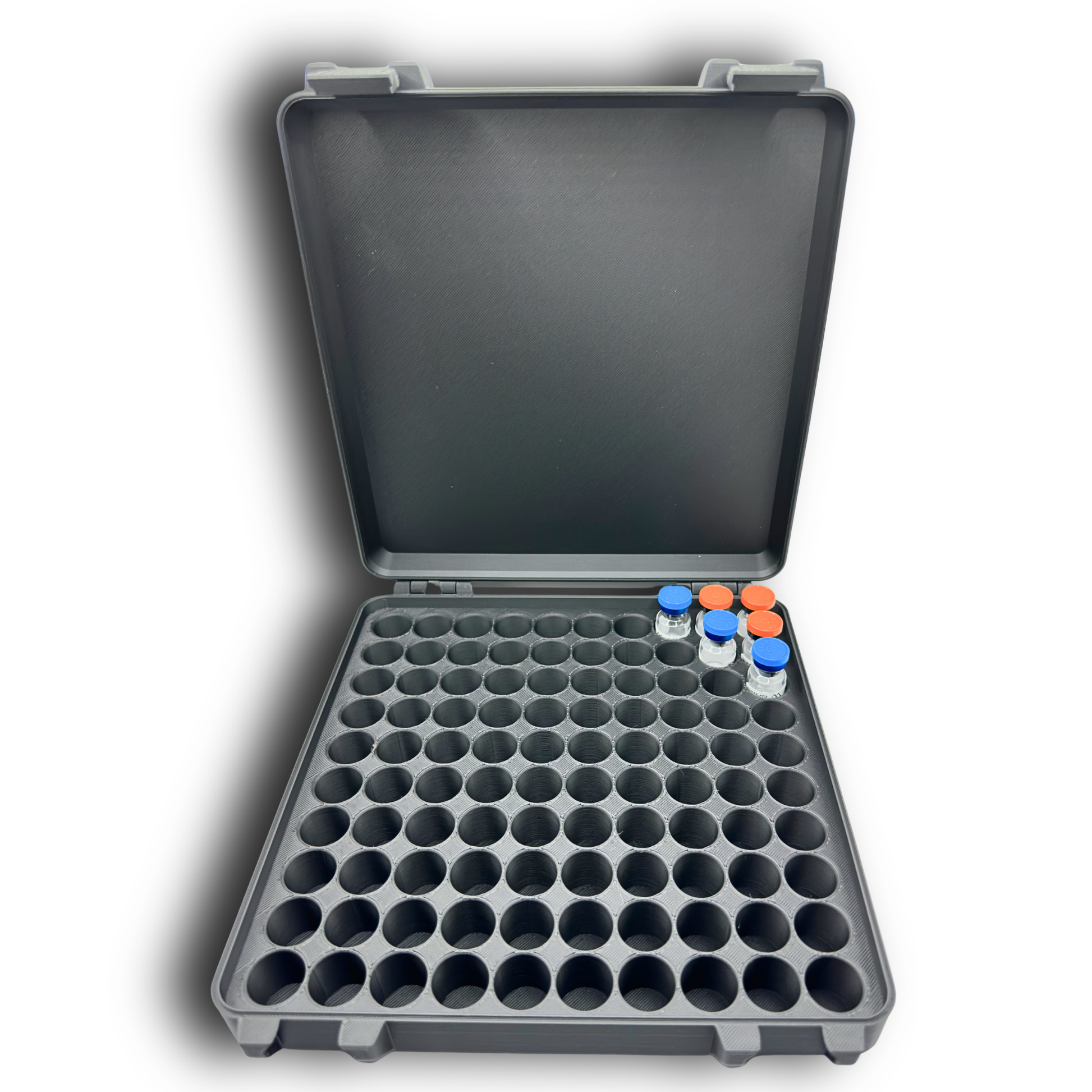 Front view of open 100-slot 3ml vial organizer with uniform circular compartments for upright vial placement.