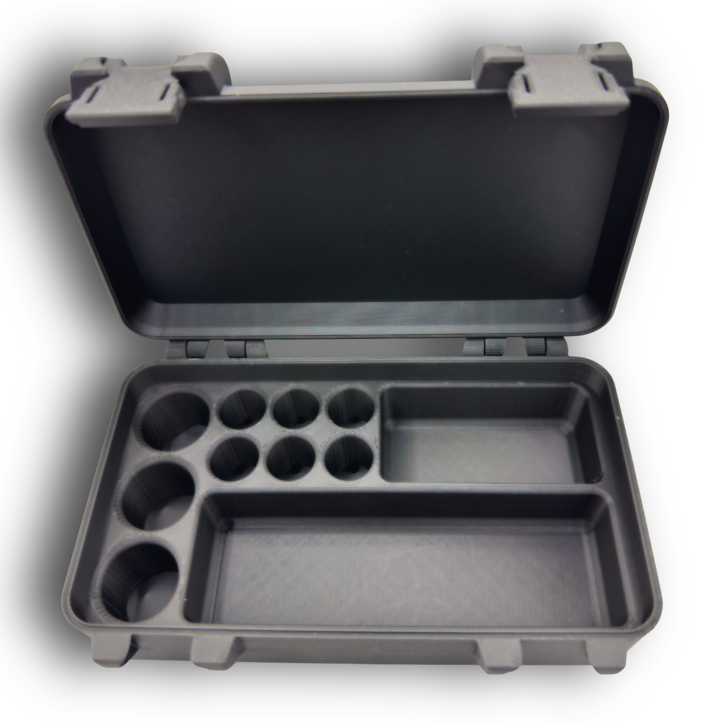 Empty snap-lock storage case with molded compartments for organizing wellness supplies. Interior includes three large 10ml vial slots, six 3ml vial slots, a compartment sized for a larger vial such as BAC water, and a long open section designed for syringes, needles, or alcohol wipes. Rugged black hinged case ready for travel or home storage.