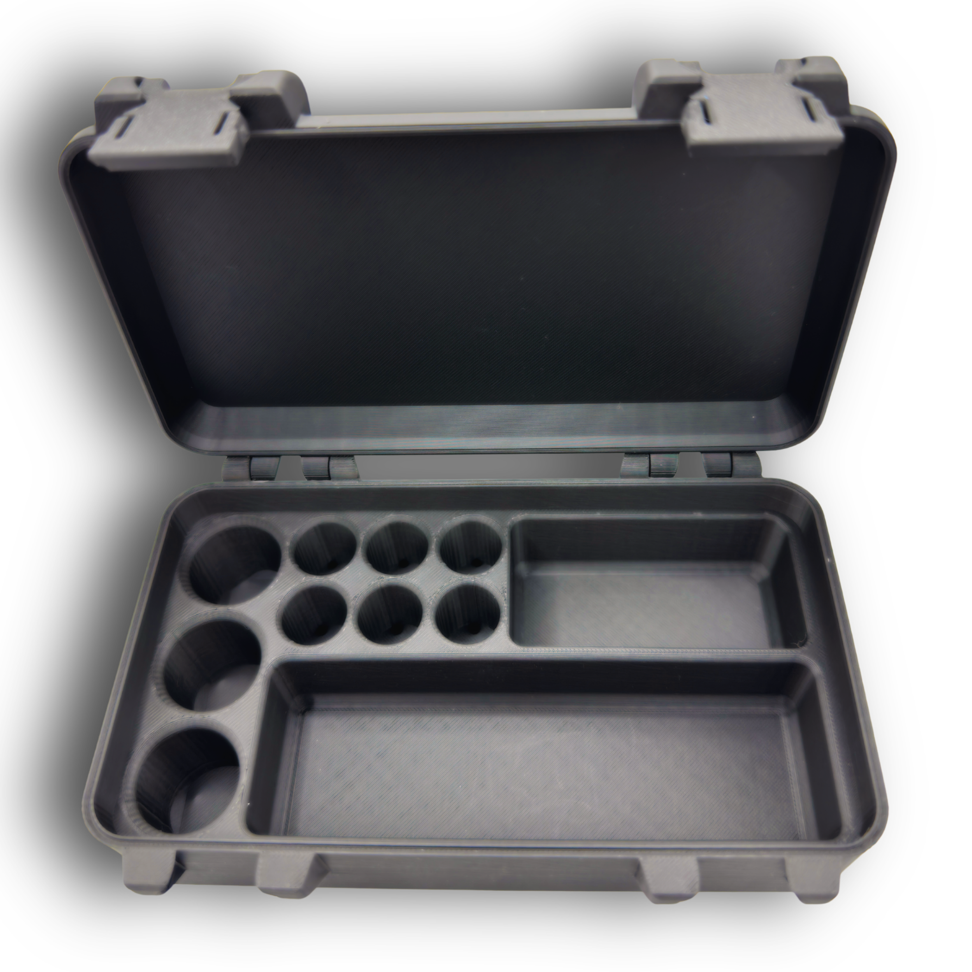 Empty snap-lock storage case with molded compartments for organizing wellness supplies. Interior includes three large 10ml vial slots, six 3ml vial slots, a compartment sized for a larger vial such as BAC water, and a long open section designed for syringes, needles, or alcohol wipes. Rugged black hinged case ready for travel or home storage.