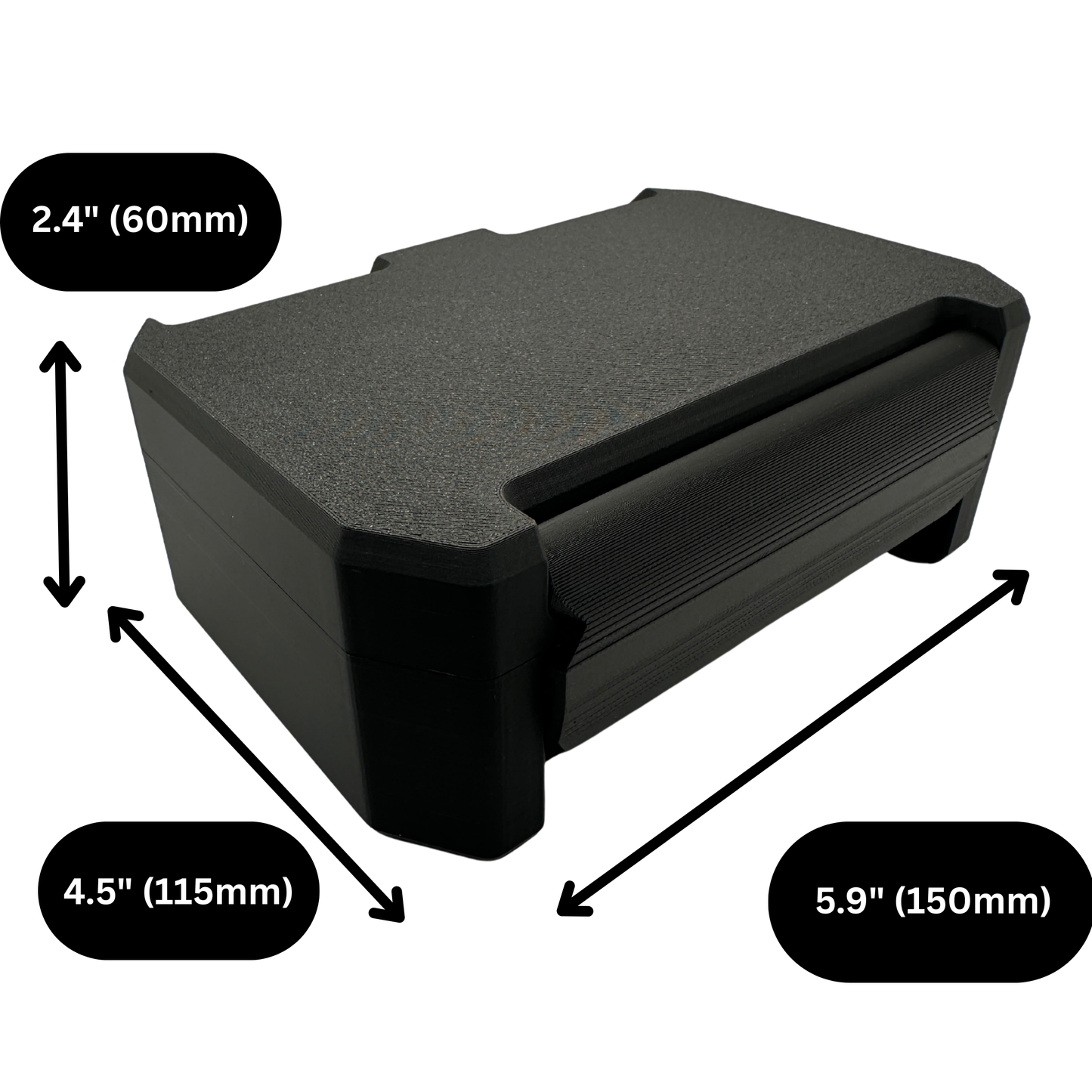 Compact matte black storage case measuring approximately 5.9 inches long, 4.5 inches wide, and 2.4 inches tall. Discreet organizer designed to hold 3–10ml vials, a dedicated slot for alcohol wipes, and a long compartment for syringes up to 120mm in length. Minimal, low-profile design suitable for drawers, travel bags, countertops, or nightstands.