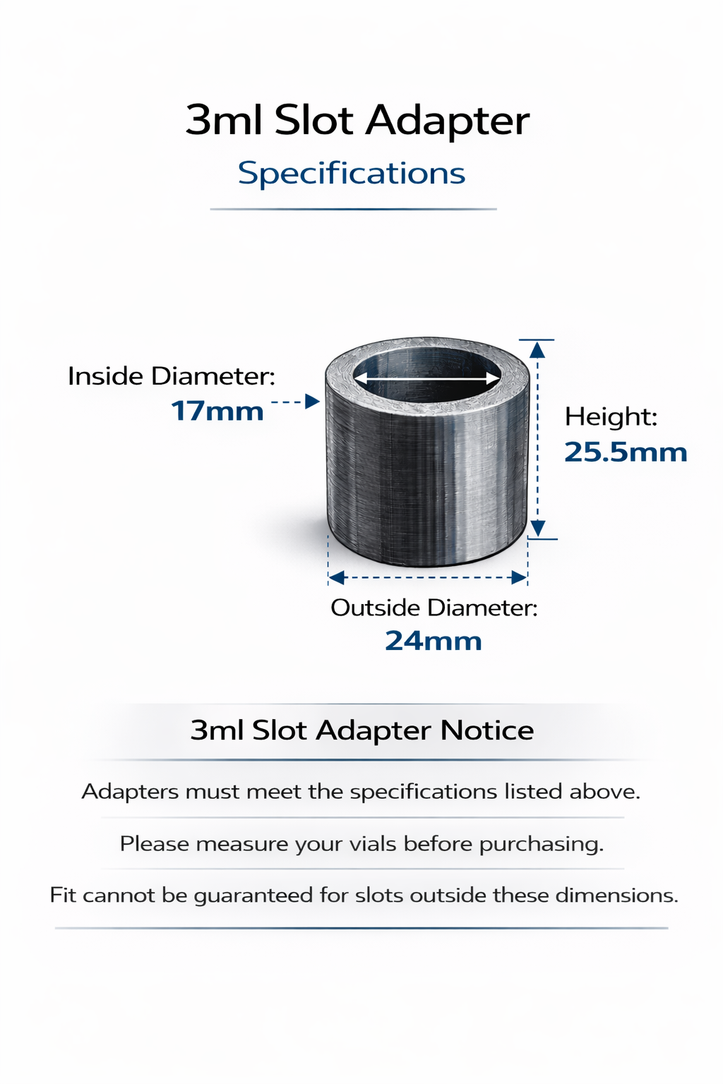 3mL vial slot adapter specification diagram showing 24mm outside diameter, 17mm inside diameter, and 25.5mm height with measurement callouts