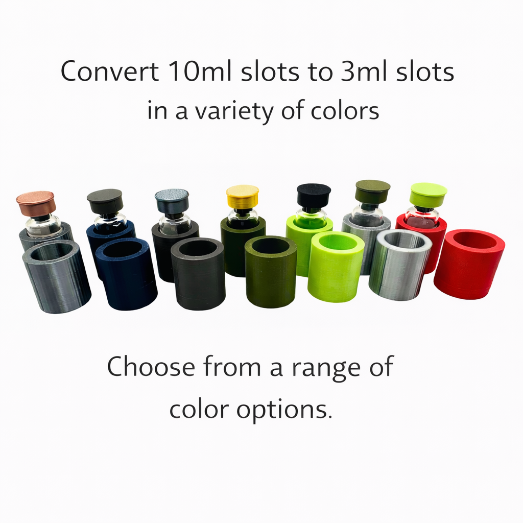 3mL vial adapters in 7 colors — gray, navy, black, olive, lime green, silver, and red — each holding a 3mL glass vial, showing color options for vial case slot conversion