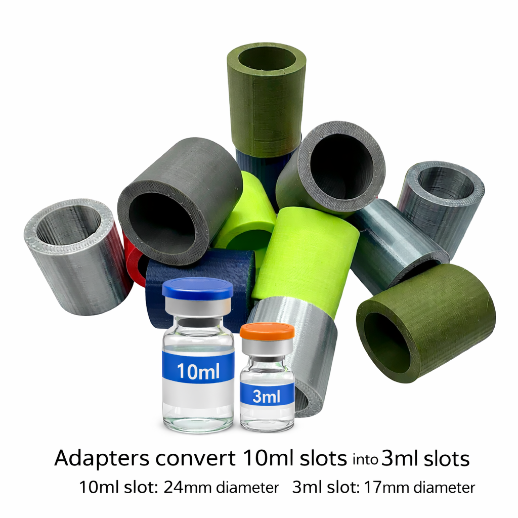 3mL vial adapters in multiple colors converting 10ml case slots to 3ml slots — 24mm outer diameter, 17mm inner diameter