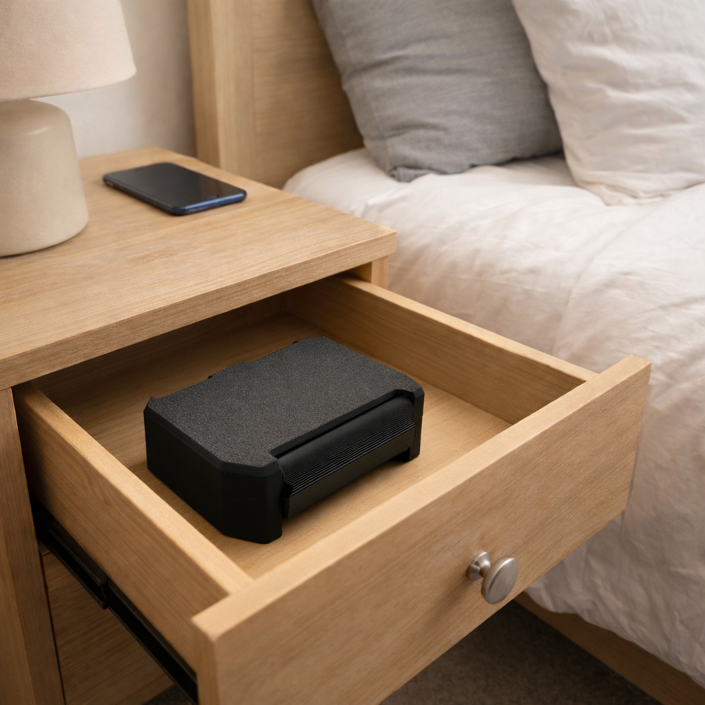 Black compact medical storage case placed inside an open wooden nightstand drawer next to a bed. The closed case stores discreetly out of sight while holding six 3mL vials (17x38mm), a BAC water ampule, syringes up to 120mm, and alcohol wipes. Demonstrates private, space-efficient storage that keeps supplies organized and protected without leaving items visible on countertops.