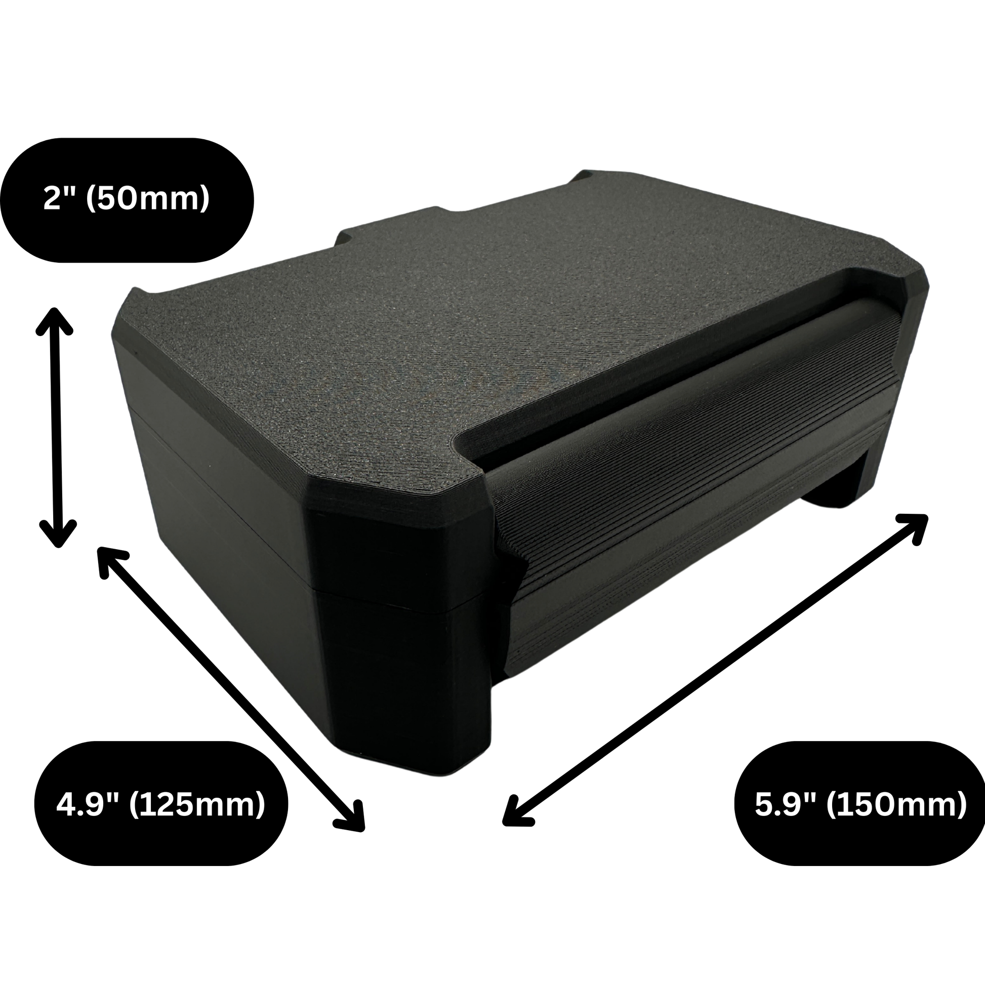 Black compact medical storage case shown with exterior dimension callouts. Image displays overall size measurements of approximately 5.9 inches (150mm) long, 4.9 inches (125mm) wide, and 2 inches (50mm) tall. The case is designed to hold six 3mL vials (17x38mm), a BAC water ampule, and a large compartment for syringes up to 120mm and alcohol wipes. Highlights compact footprint, low-profile height, and space-efficient design for discreet storage.