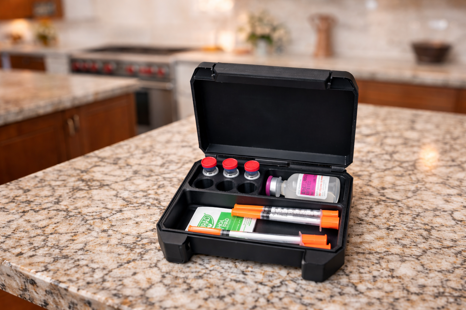 Open black medical organizer case displayed on a granite kitchen countertop with contents neatly arranged inside. The case includes six dedicated slots for 3mL vials (17x38mm), a separate slot for a BAC water ampule, and a large compartment designed to hold syringes up to 120mm along with alcohol wipes. Highlights clean organization, easy access, and compact storage for essential medical supplies at home.