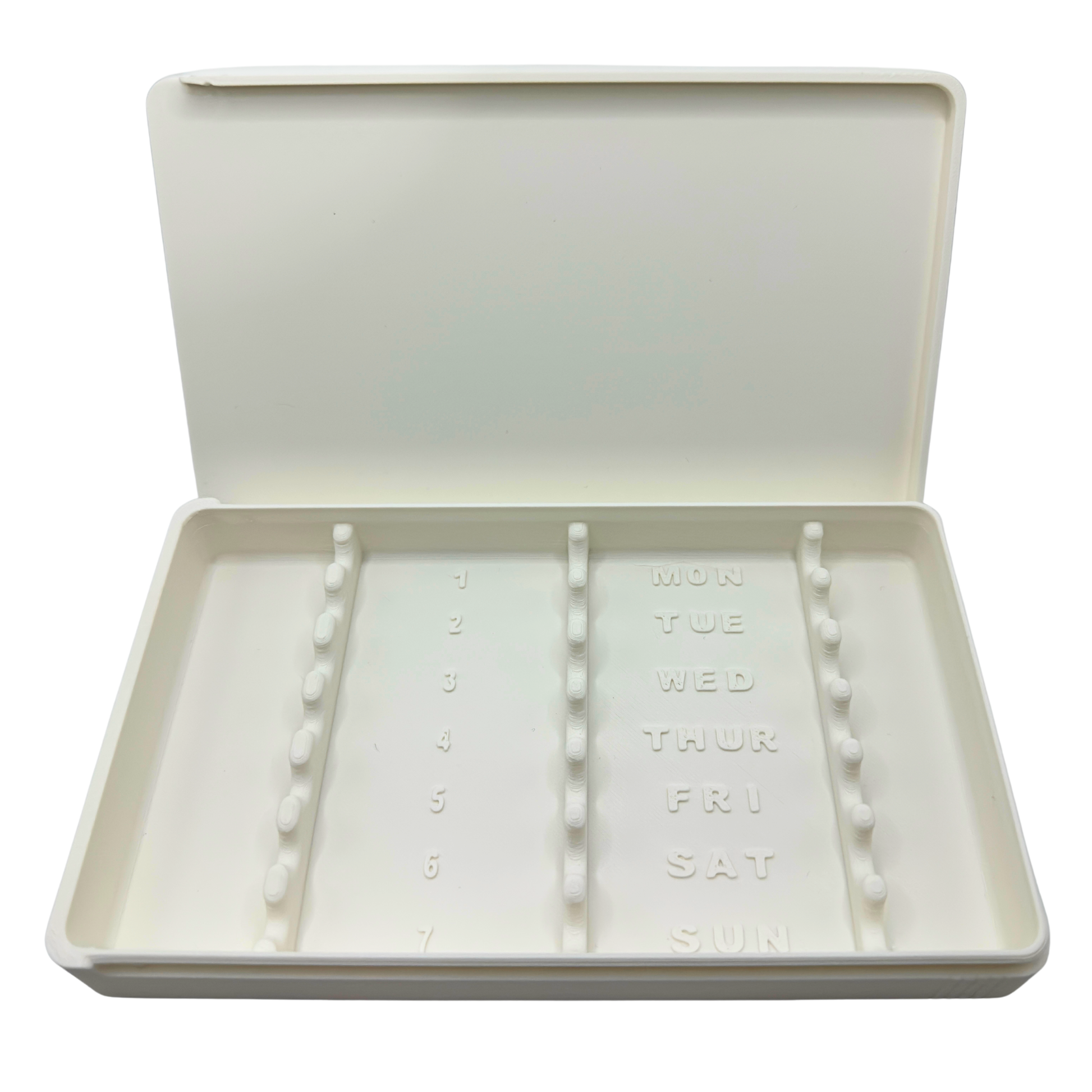 White 7-slot weekly syringe organizer case shown empty to display interior layout. Numbered slots 1 through 7 with day-of-week labels Monday through Sunday and raised dividers. Prefilled syringe storage case with sliding lid designed for 1ml insulin syringes up to 180mm long. Ideal for TRT, GLP-1, HRT, or peptide routines.