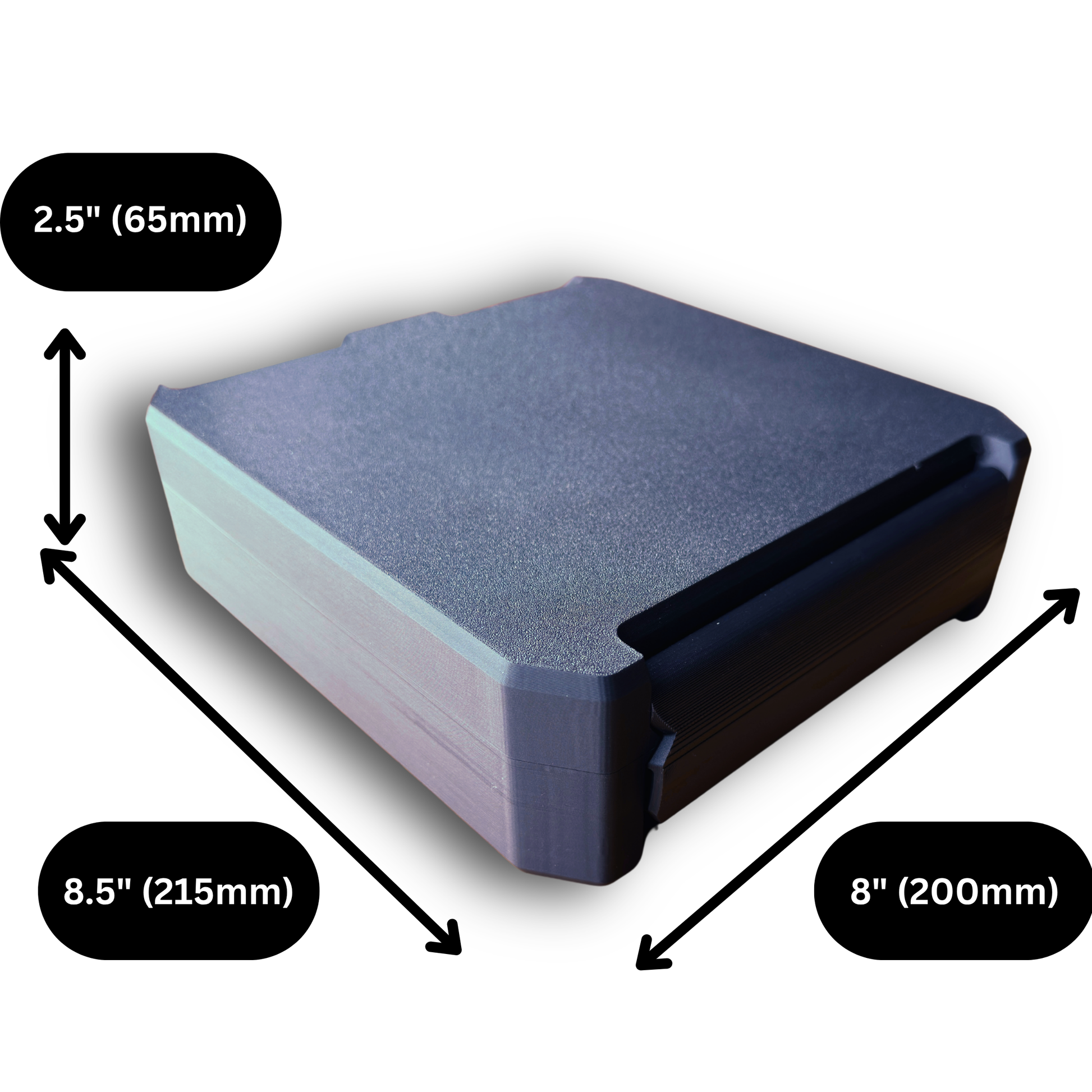 Closed storage case shown at an angle with dimensions labeled: 8.5 inches (215mm) wide, 8 inches (200mm) deep, and 2.5 inches (65mm) tall. Highlights the compact, low-profile design ideal for organizing 3ml vials, syringes, and wellness supplies.