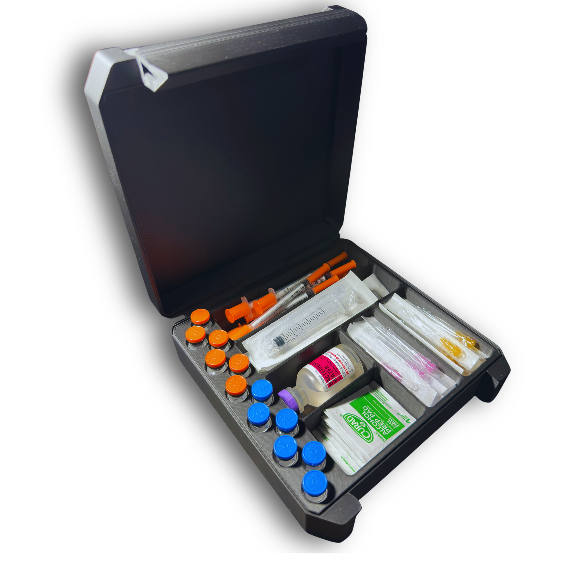 Angled view of the 12-vial storage case with 3ml vials, syringes, wipes, and accessory items arranged to demonstrate capacity. Shows the structured compartment layout, including the larger slot sized for a Hospira BAC Water vial.