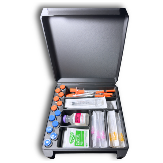 Open 12-vial storage case shown with 3ml vials, syringes, wipes, and accessories arranged inside. Displays the organized interior layout with dedicated vial slots, syringe sections, and a larger compartment that fits a Hospira BAC Water vial, ideal for peptide, GLP-1, and wellness routines.