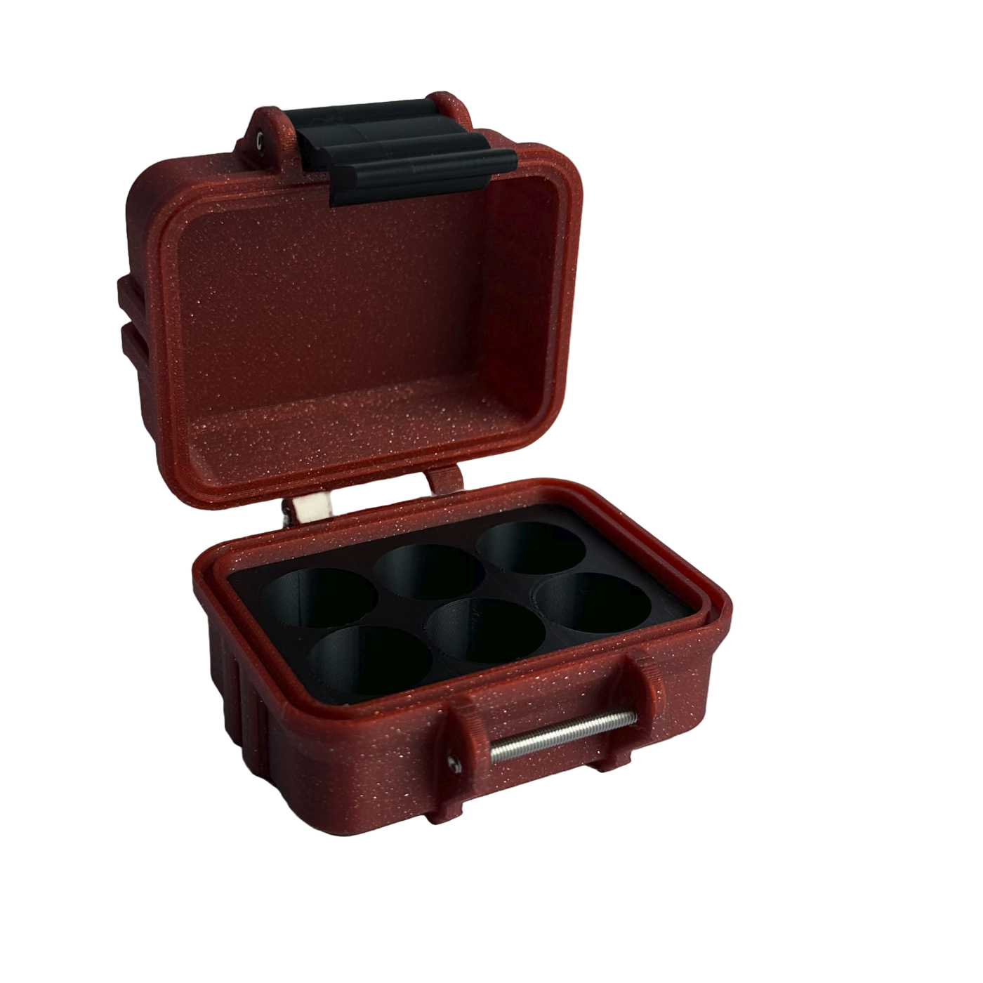 Compact 6-vial storage case with hinged lid and secure clasp, shown open with six precision-fit slots for standard 3ml vials (17 mm × 38 mm), ideal for GLP-1, insulin, or peptide organization