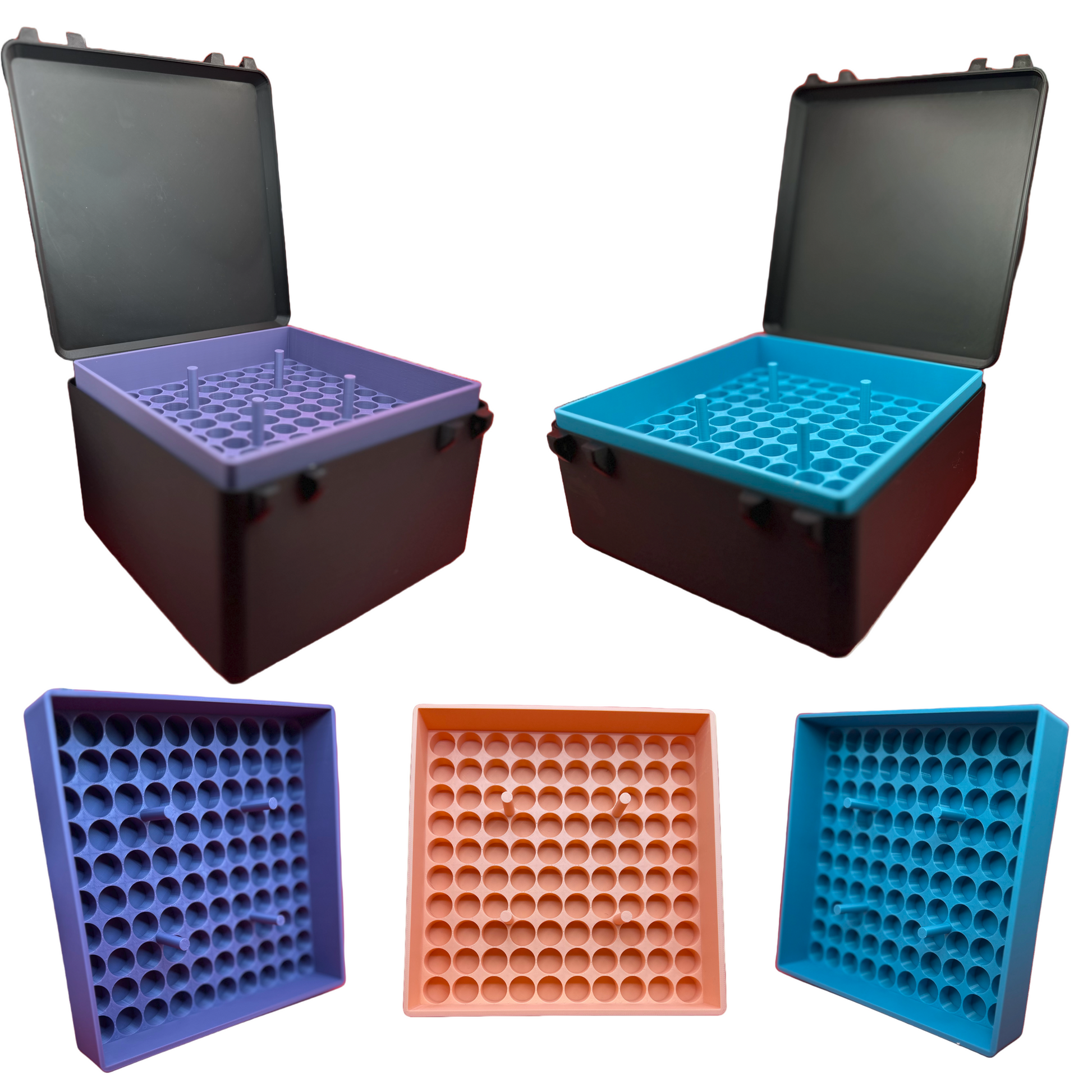  Peptide storage cases with removable inserts in blue, purple, and orange for storing 3ml vials. Durable home organization solution for wellness supplies.