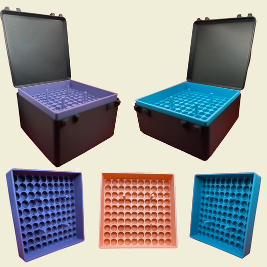  Peptide storage cases with removable inserts in blue, purple, and orange for storing 3ml vials. Durable home organization solution for wellness supplies.