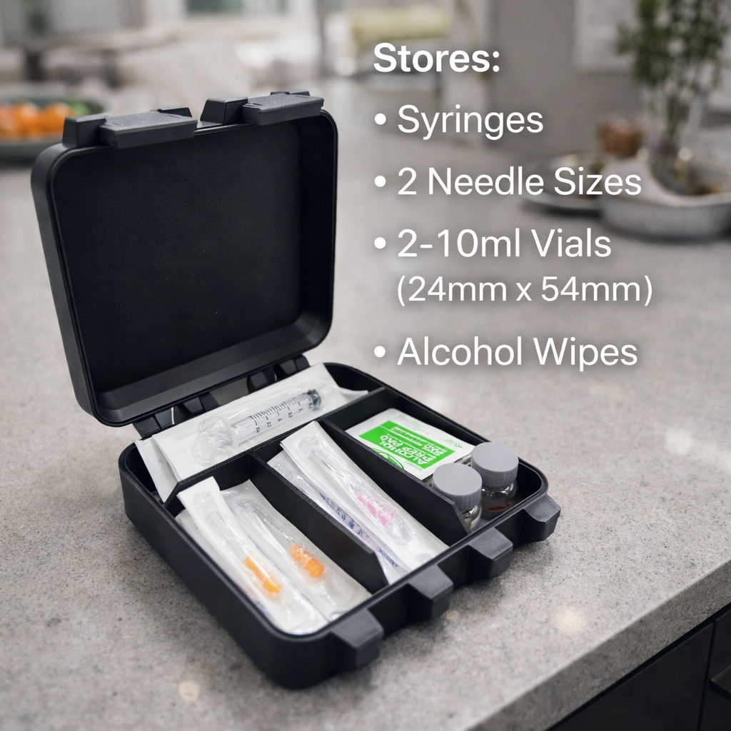 Open TRT HRT storage case on a kitchen counter showing organized compartments for syringes, two needle sizes, alcohol wipes, and two 10ml vials sized approximately 24mm by 54mm. Compact black case with structured interior designed for neat, secure, and discreet storage at home or while traveling.