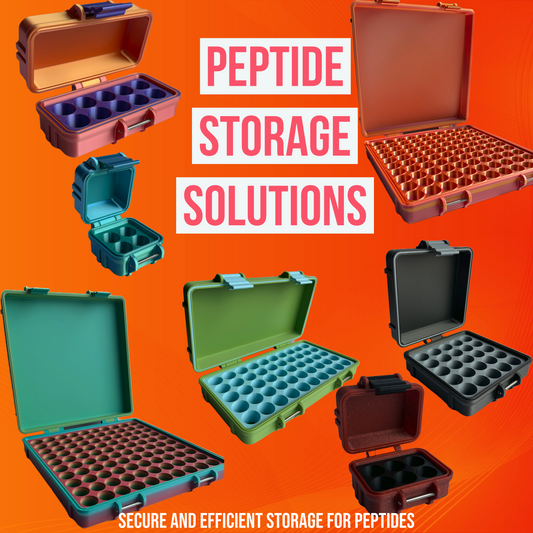 A variety of colorful peptide storage cases shown on an orange background, each designed to hold multiple 3ml vials. The image features hard-shell organizers in various sizes and colors with secure clasps and precision-cut compartments. Text reads “Peptide Storage Solutions – Secure and Efficient Storage for Peptides.” Ideal for home use, research, or travel-friendly peptide organization