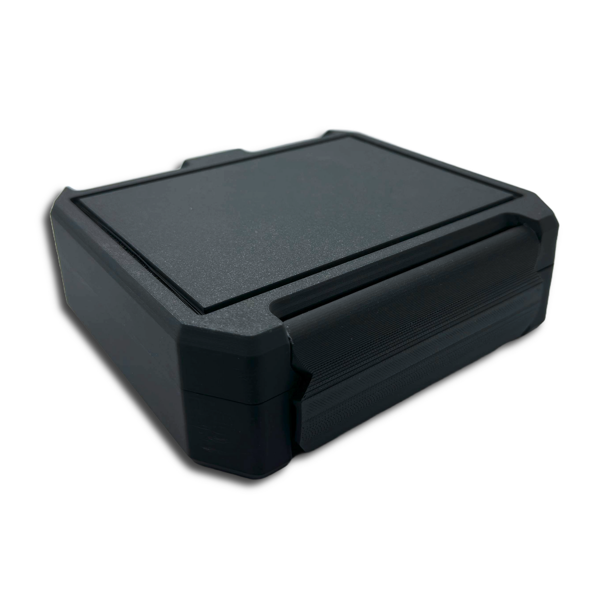 Top-down view of closed 10-slot vial storage case showing compact rectangular design, secure snap-latch lid, and durable exterior made from plant-based PLA.
