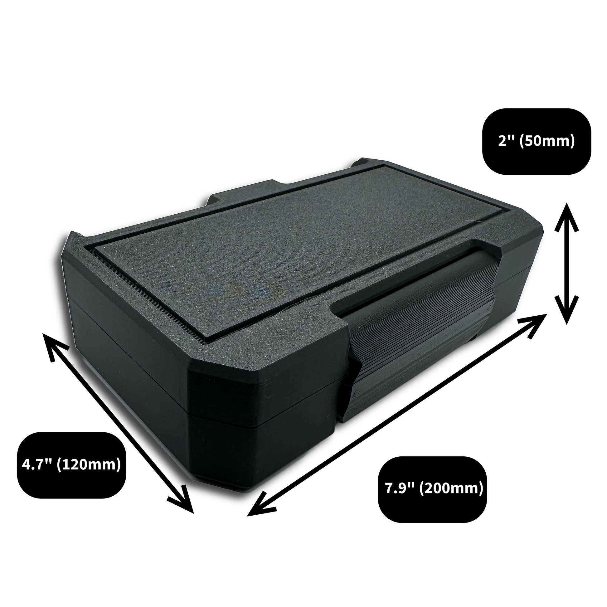Closed black storage case with labeled dimensions: 7.9 inches (200mm) wide, 4.7 inches (120mm) long, and 2 inches (50mm) tall. The case features a textured lid and secure snap-latch, designed for storing a pen, vials, and injection accessories in a compact, travel-ready form.