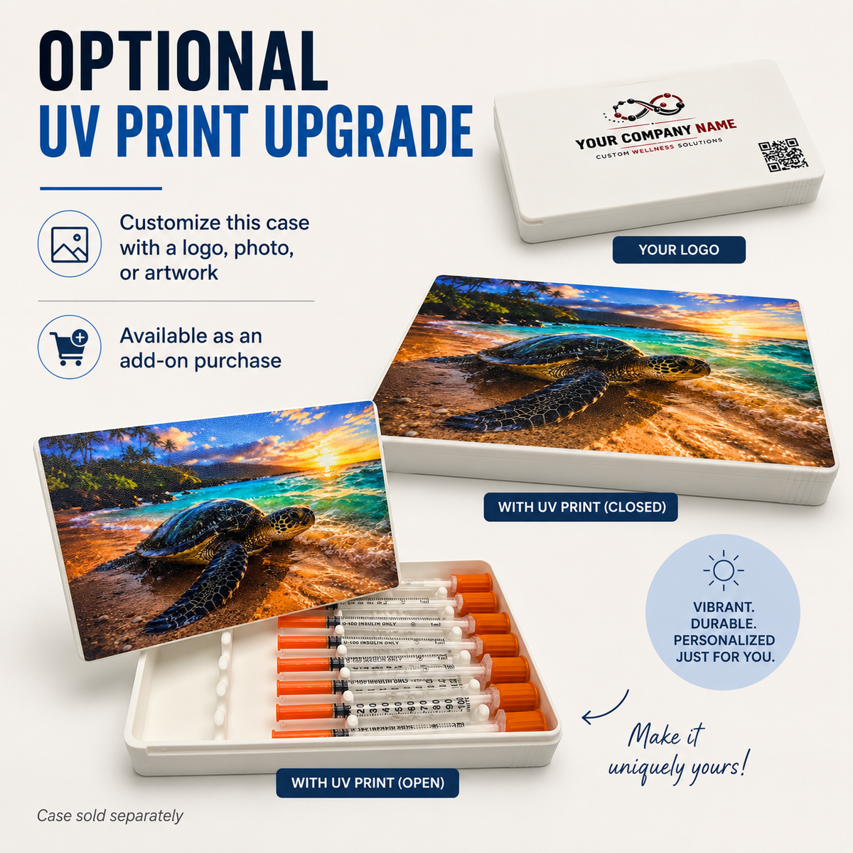 Full-color UV printed turtle artwork on a sliding lid syringe case; case sold separately
