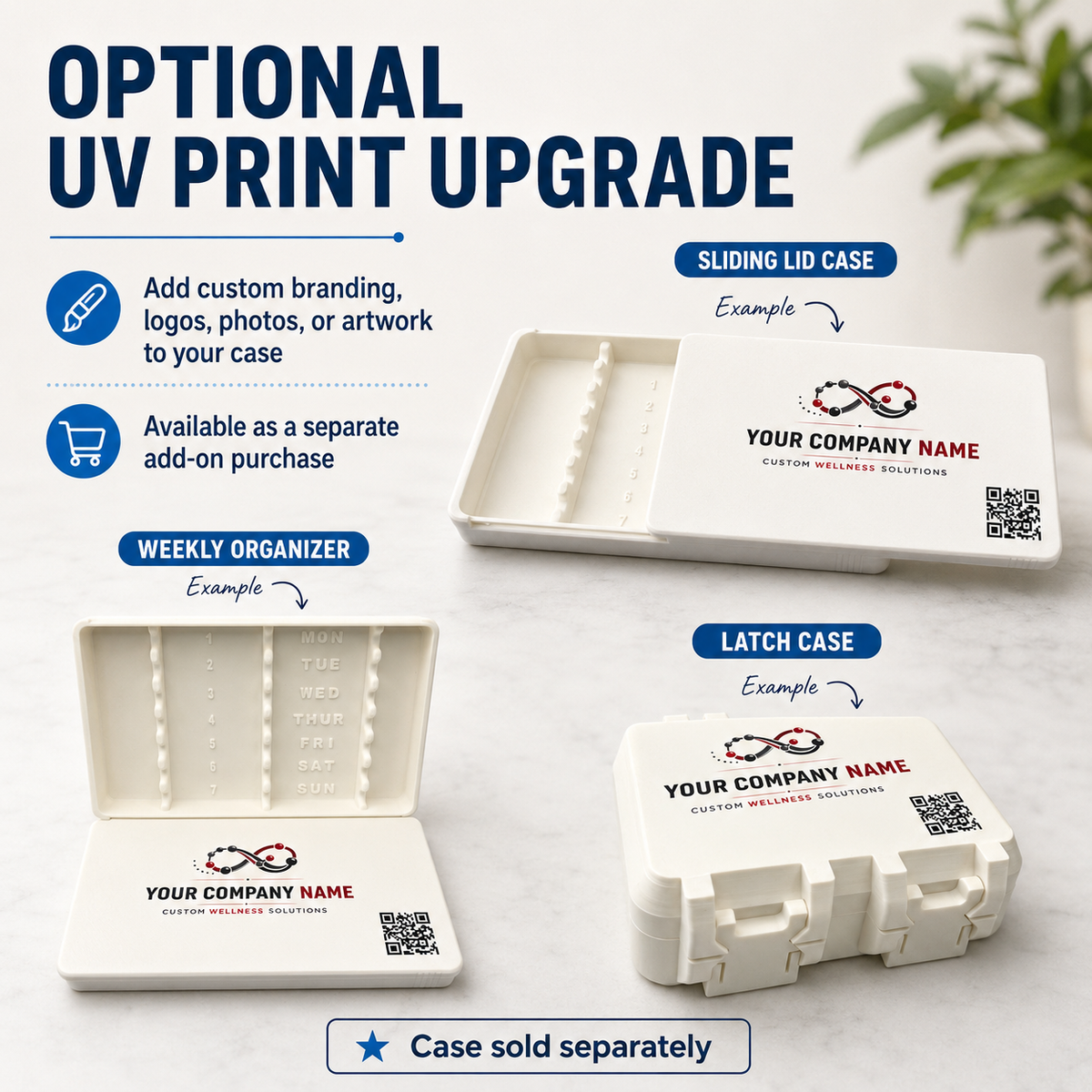 Examples of custom UV logos and QR codes on Layered Vault storage cases; case sold separately