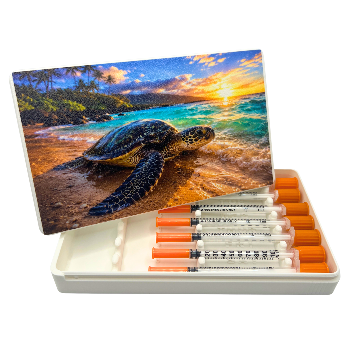 Close-up of full-color turtle artwork UV printed on a case lid