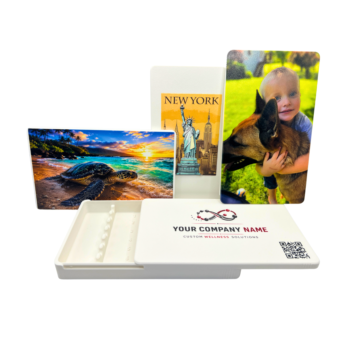 Examples of UV printed photos, artwork, and company branding on case lids