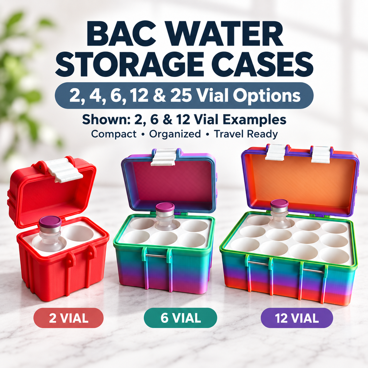 BAC water storage cases in 2, 6, and 12 vial sizes with 2, 4, 6, 12, and 25 vial capacity options
