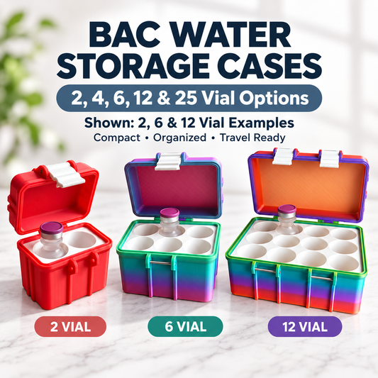 BAC water storage cases in 2, 6, and 12 vial sizes with 2, 4, 6, 12, and 25 vial capacity options