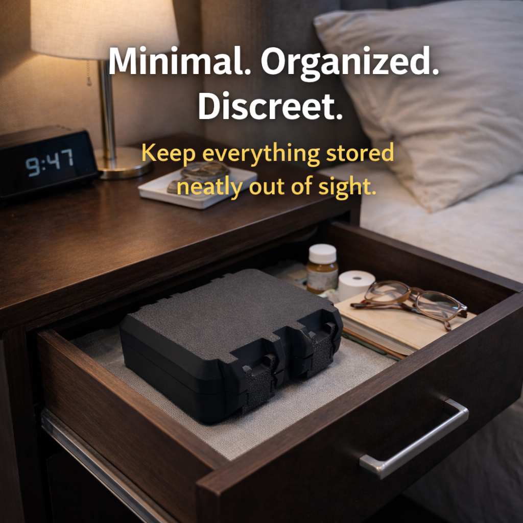 Discreet TRT HRT storage case opened inside a bedroom nightstand drawer, organized with syringes, wipes, and two 10ml vials. Low-profile black case fits easily in drawers and bedside storage, designed to keep supplies private, organized, and out of sight in a home bedroom environment.