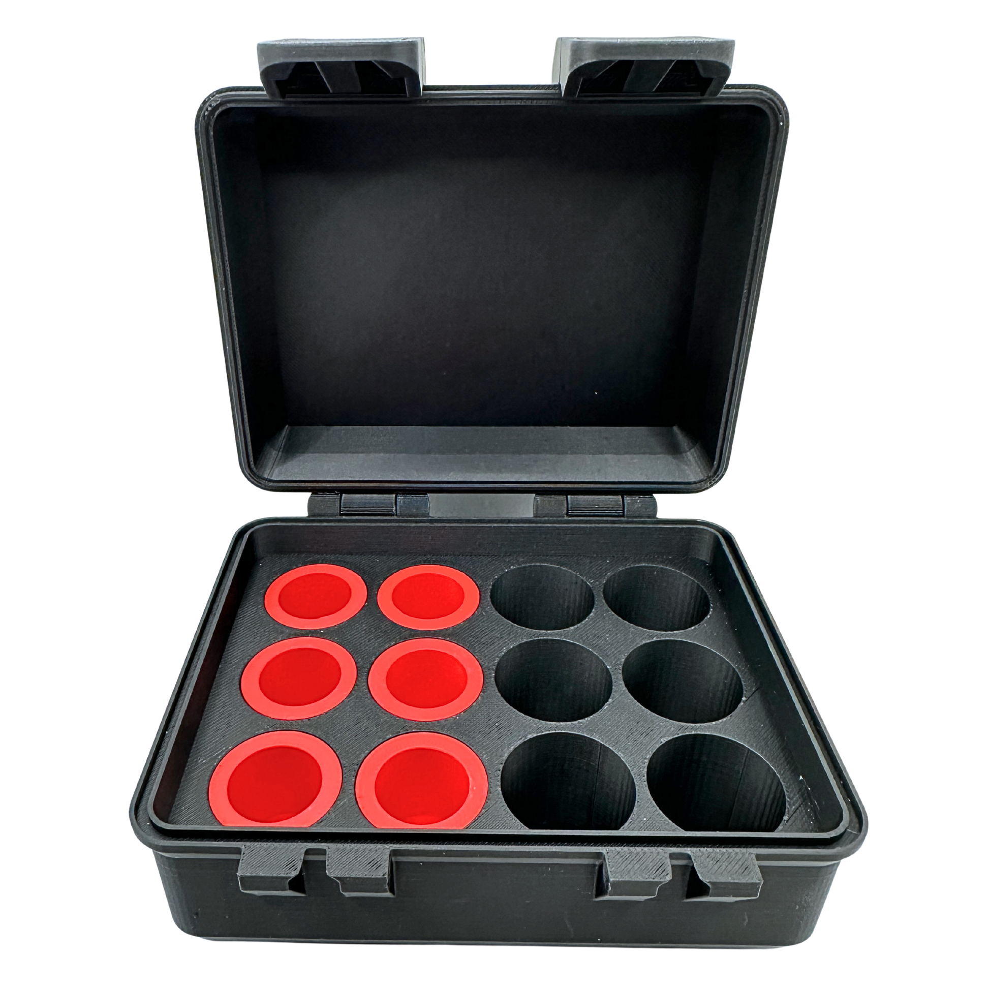 Open empty vial storage case showing internal slot layout with multiple circular recesses sized for 5mL and 10mL vials, alongside red adapters placed in select slots for 3mL vial compatibility. Image highlights modular design that allows users to customize how many smaller vials are stored based on included adapter quantity.
