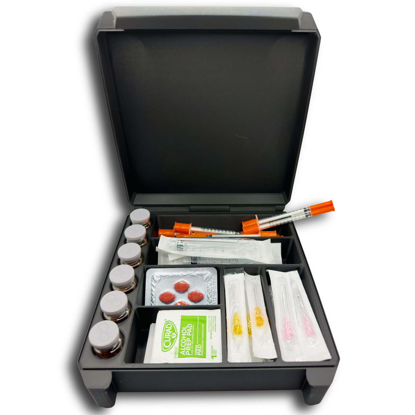 Enhanced TRT and HRT case open front view showing organized storage for testosterone vials, injection syringes, alcohol pads, and tablets – compact medical supply box.