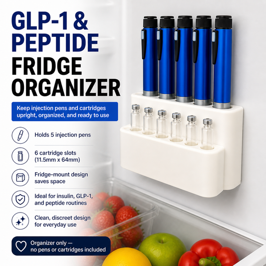 GLP-1 and peptide fridge organizer infographic showing 5 injection pens and cartridge slots with labeled features