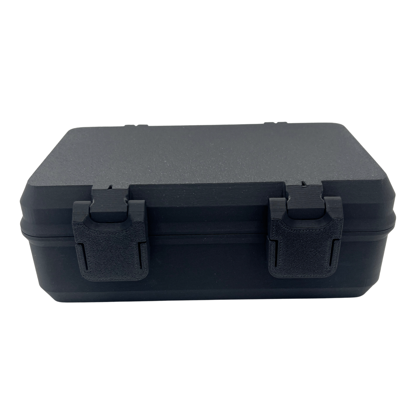 Closed matte black hard shell vial storage case with two secure snap latches and a discreet unmarked exterior