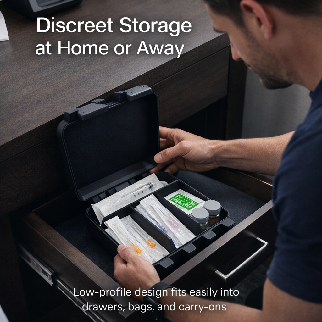 Closed TRT HRT storage case resting neatly inside a bedroom nightstand drawer beside everyday items. Minimal black low-profile design keeps supplies organized and hidden from view, ideal for discreet home storage. Compact form factor allows easy placement in drawers, bags, or travel carry-ons.