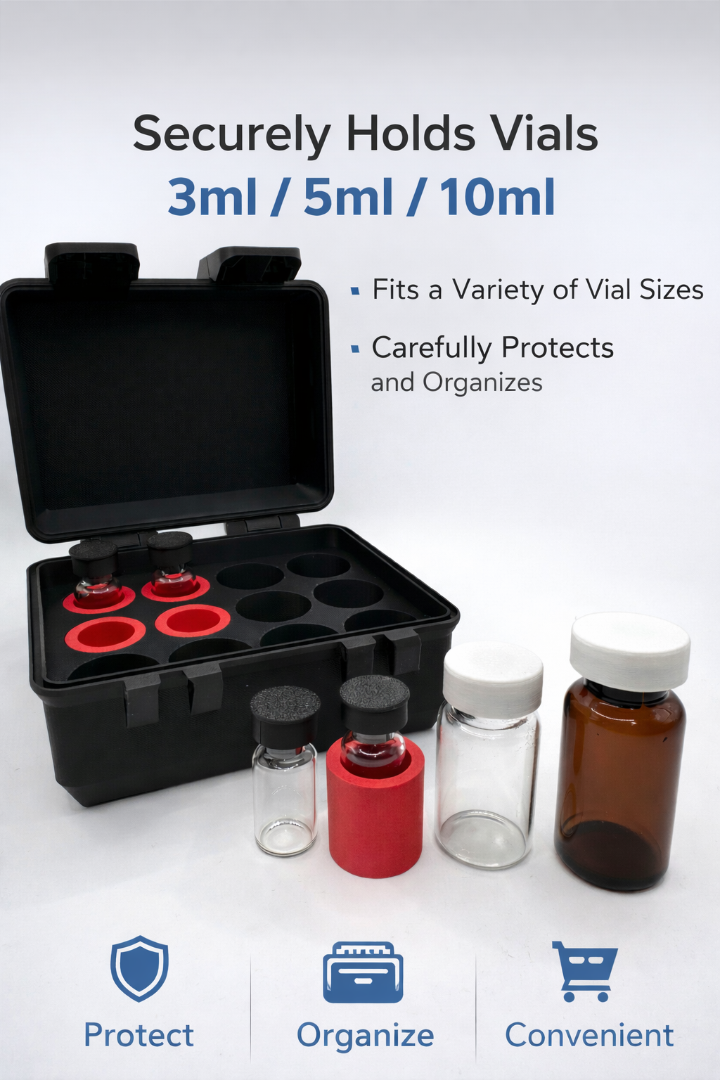 Open multi-size vial storage case showing organized slots holding 3mL, 5mL, and 10mL vials. Case features recessed circular slots designed for 5mL and 10mL vials with red adapters installed to securely hold smaller 3mL vials. Compact rectangular case with hinged lid and secure clasps, designed to keep mixed vial sizes protected, upright, and neatly organized for home, travel, or refrigerator storage.