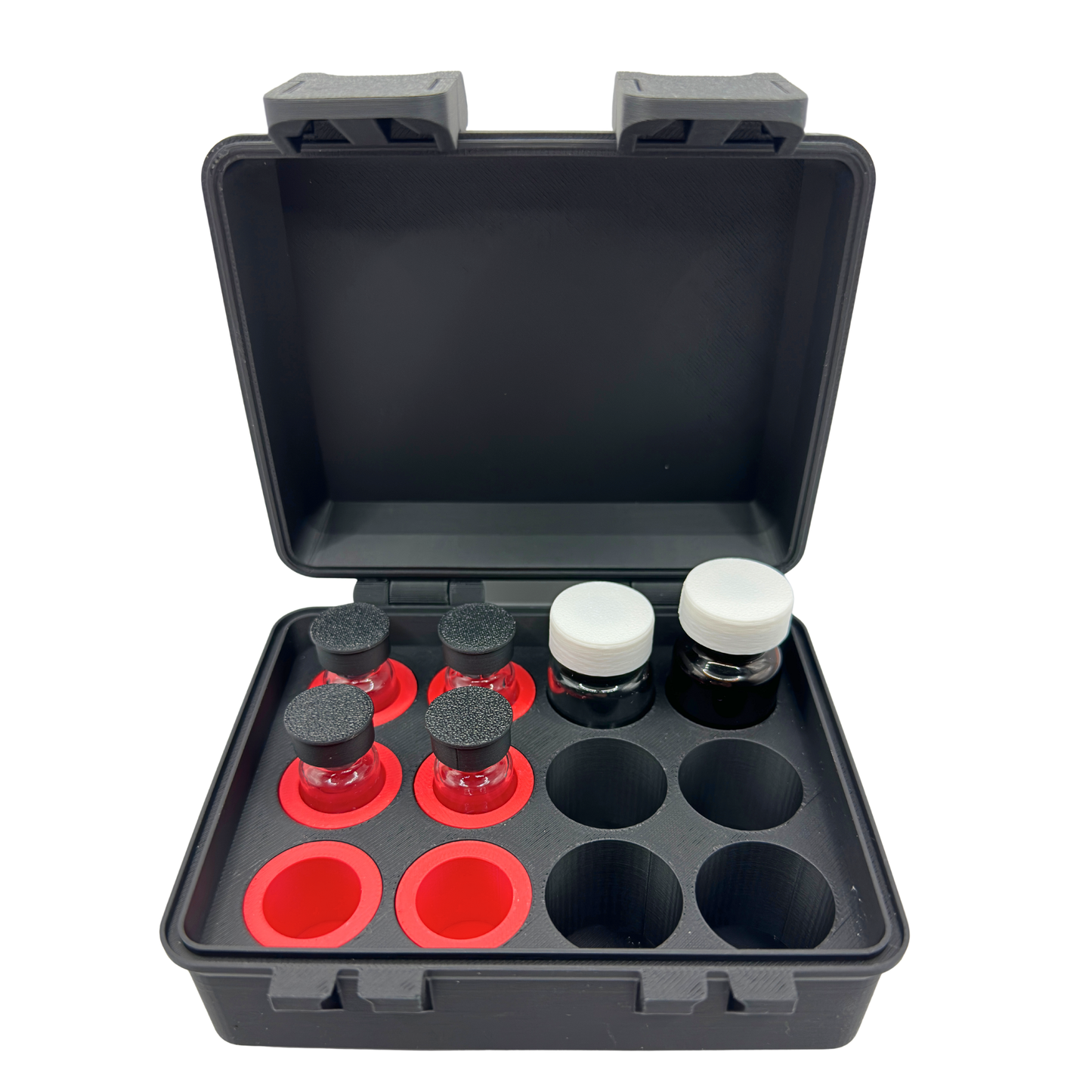 Open multi-size vial storage case showing mixed vial configuration with both adapters and direct-fit slots in use. Red adapters are installed in select slots to securely hold smaller 3mL vials, while remaining slots hold 5mL and 10mL vials without adapters. Image demonstrates customizable layout that allows multiple vial sizes to be stored together in one organized, compact case with hinged lid and secure clasps.