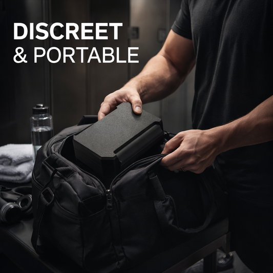 Discreet matte black vial storage case being placed into a gym bag in a locker room setting. Compact and travel-friendly organizer designed to securely hold 3–10ml vials, alcohol wipes, and syringes up to 120mm long. Slim, protective design keeps supplies organized and private while on the go.