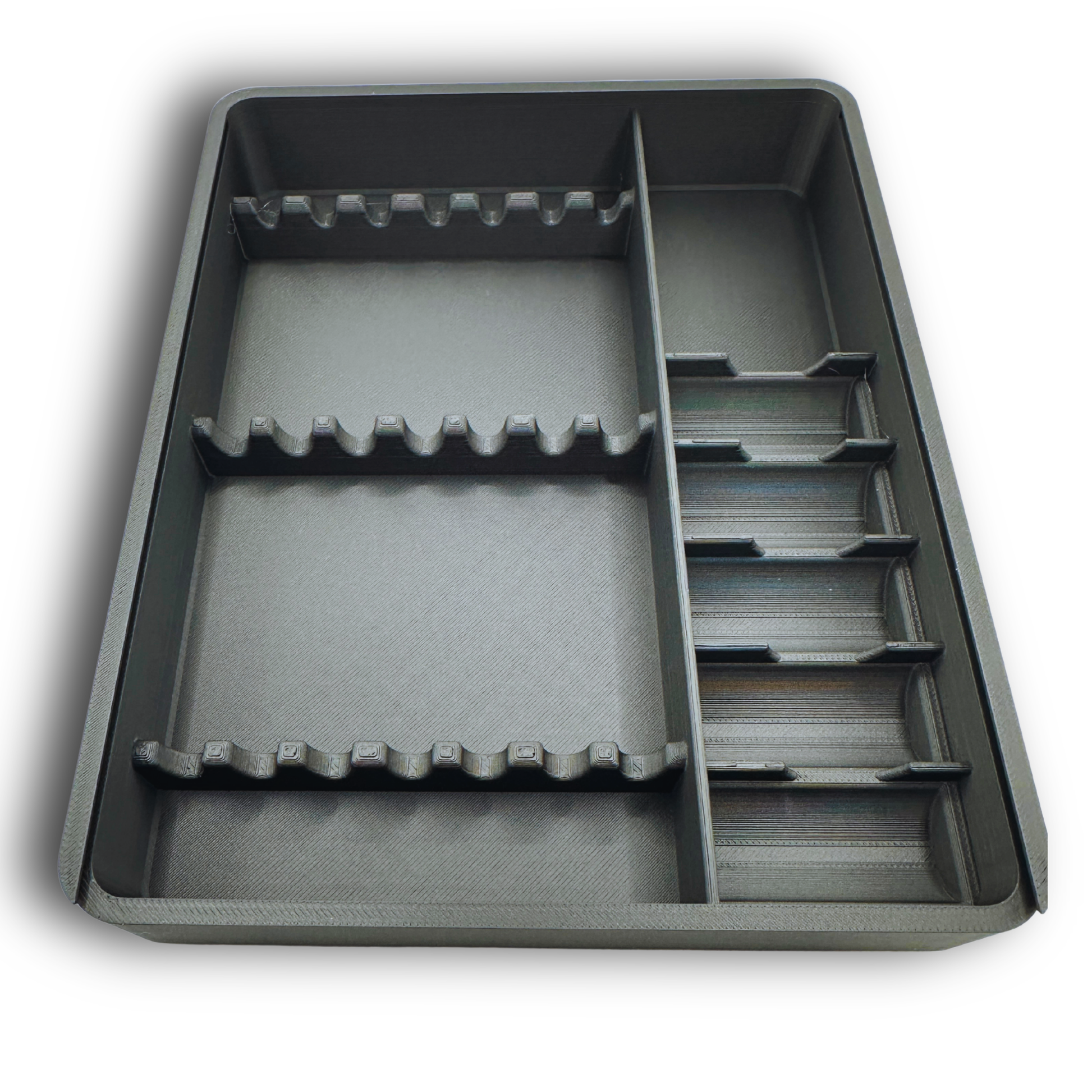 Empty prefilled syringe storage case showing molded compartments for 7 prefilled 1ml syringes up to 120mm in length, 5 standard 3ml vials, and a wipes section. Compact, slim organizer designed for refrigerator storage and safe supply organization for TRT, GLP-1, insulin, peptides, and wellness routines.