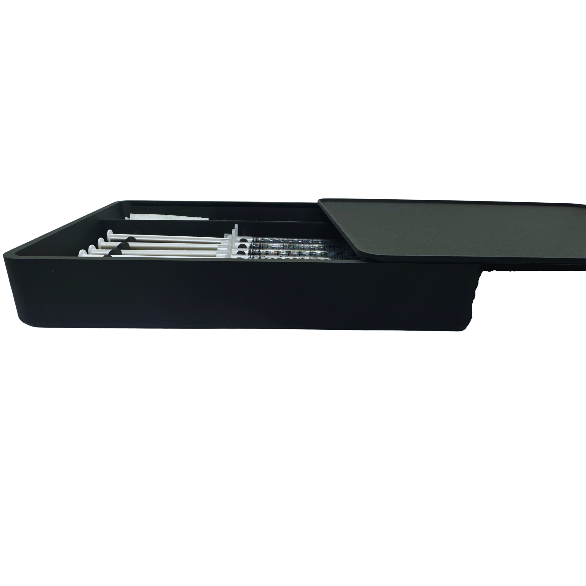 Side view of compact syringe and vial storage case with protective lid partially closed. Designed to hold 7 prefilled 1ml syringes up to 120mm, 5 standard 3ml vials, and alcohol wipes. Slim, stackable organizer box built for fridge storage and secure organization of TRT, GLP-1, insulin, peptide, or wellness supplies.