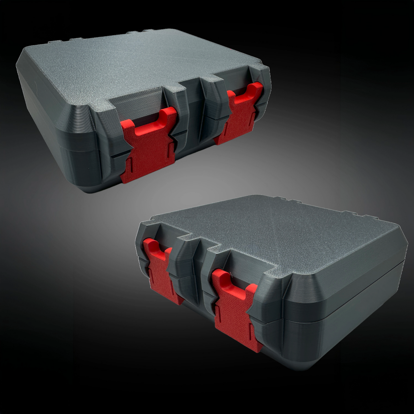 Durable TRT/HRT storage case shown closed with bold red latches. Compact, secure, and easy to transport.