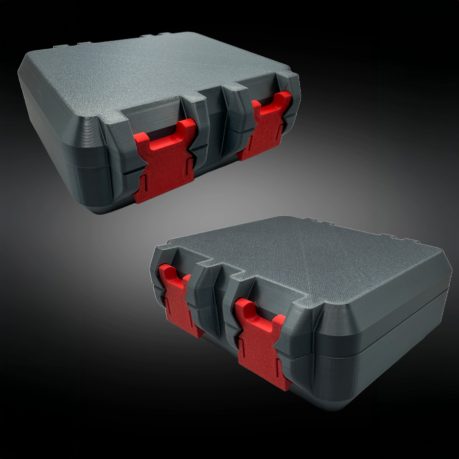 Durable TRT/HRT storage case shown closed with bold red latches. Compact, secure, and easy to transport.